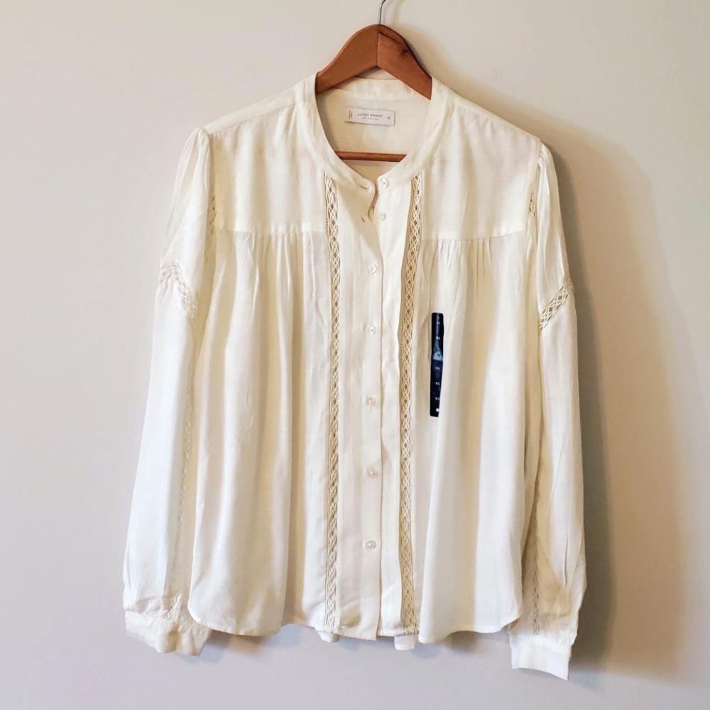 Lucky Brand Lace Front Feminine Classic Ivory Cream Button Down Shirt - XL NWT